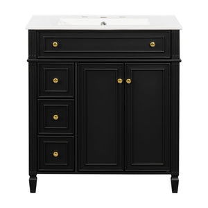 English Elm 30 Inch Freestanding Bathroom Vanity Solid Wood Cabinet Gold Knobs Ceramic Sink Black N725P527496B