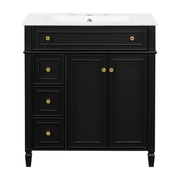 English Elm 30 Inch Freestanding Bathroom Vanity Solid Wood Cabinet Gold Knobs Ceramic Sink Black N725P527496B