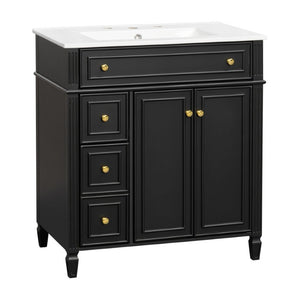 English Elm 30 Inch Freestanding Bathroom Vanity Solid Wood Cabinet Gold Knobs Ceramic Sink Black N725P527496B