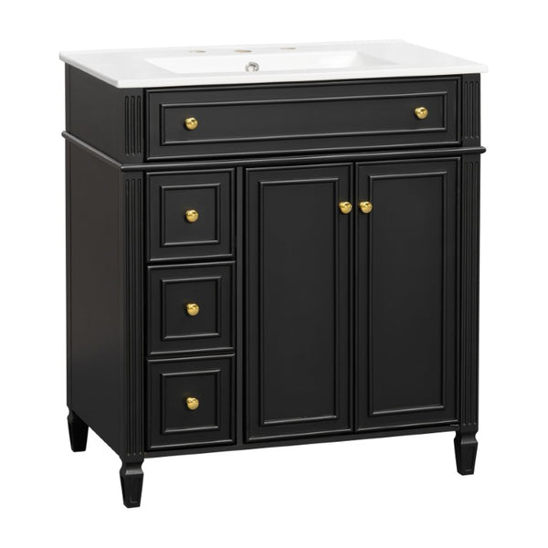 English Elm 30 Inch Freestanding Bathroom Vanity Solid Wood Cabinet Gold Knobs Ceramic Sink Black N725P527496B