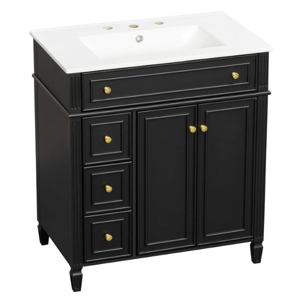 English Elm 30 Inch Freestanding Bathroom Vanity Solid Wood Cabinet Gold Knobs Ceramic Sink Black N725P527496B