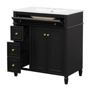 English Elm 30 Inch Freestanding Bathroom Vanity Solid Wood Cabinet Gold Knobs Ceramic Sink Black N725P527496B