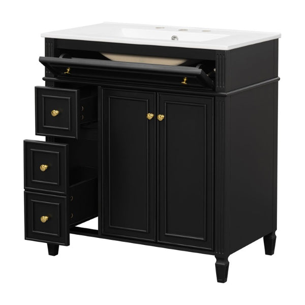 English Elm 30 Inch Freestanding Bathroom Vanity Solid Wood Cabinet Gold Knobs Ceramic Sink Black N725P527496B