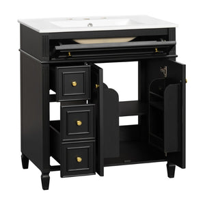 English Elm 30 Inch Freestanding Bathroom Vanity Solid Wood Cabinet Gold Knobs Ceramic Sink Black N725P527496B