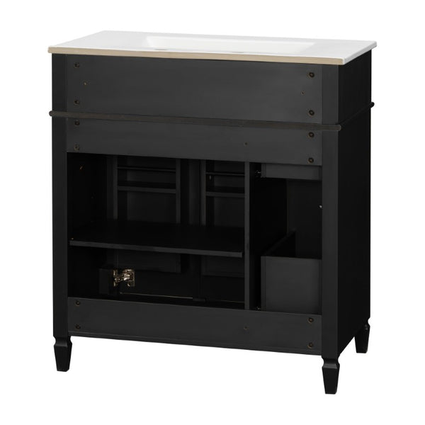 English Elm 30 Inch Freestanding Bathroom Vanity Solid Wood Cabinet Gold Knobs Ceramic Sink Black N725P527496B
