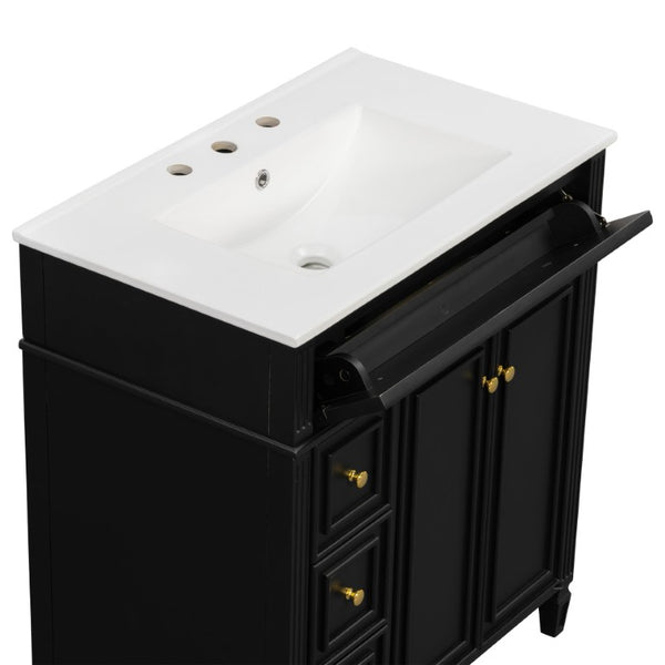 English Elm 30 Inch Freestanding Bathroom Vanity Solid Wood Cabinet Gold Knobs Ceramic Sink Black N725P527496B