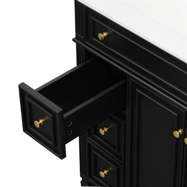 English Elm 30 Inch Freestanding Bathroom Vanity Solid Wood Cabinet Gold Knobs Ceramic Sink Black N725P527496B