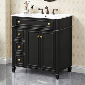 English Elm 30 Inch Freestanding Bathroom Vanity Solid Wood Cabinet Gold Knobs Ceramic Sink Black N725P527496B