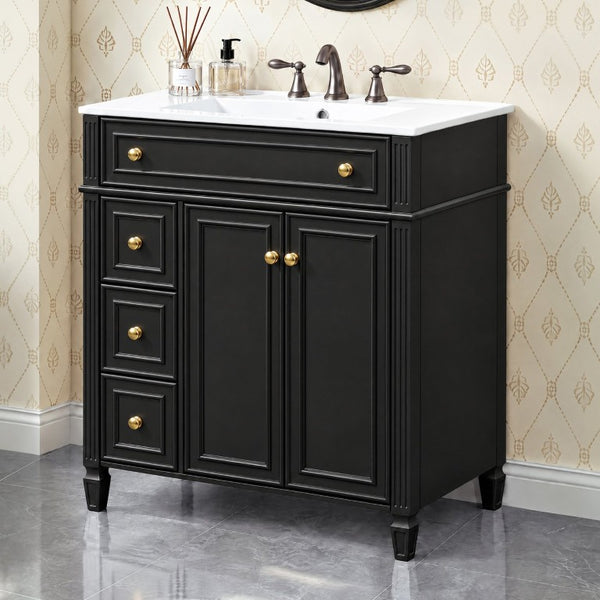 English Elm 30 Inch Freestanding Bathroom Vanity Solid Wood Cabinet Gold Knobs Ceramic Sink Black N725P527496B