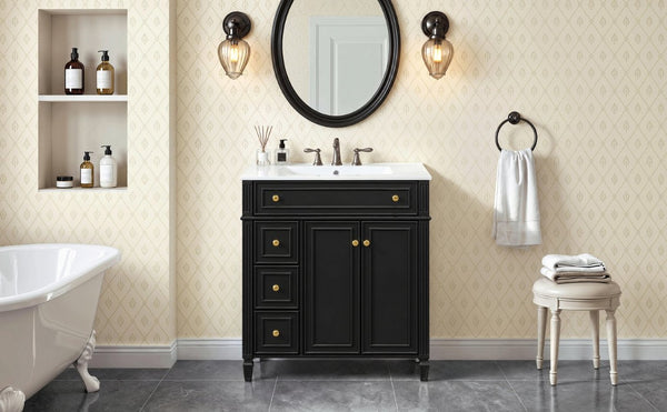 English Elm 30 Inch Freestanding Bathroom Vanity Solid Wood Cabinet Gold Knobs Ceramic Sink Black N725P527496B