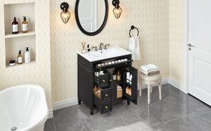English Elm 30 Inch Freestanding Bathroom Vanity Solid Wood Cabinet Gold Knobs Ceramic Sink Black N725P527496B
