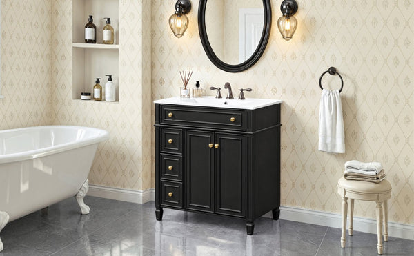 English Elm 30 Inch Freestanding Bathroom Vanity Solid Wood Cabinet Gold Knobs Ceramic Sink Black N725P527496B