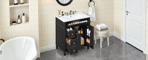 English Elm 30 Inch Freestanding Bathroom Vanity Solid Wood Cabinet Gold Knobs Ceramic Sink Black N725P527496B