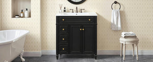English Elm 30 Inch Freestanding Bathroom Vanity Solid Wood Cabinet Gold Knobs Ceramic Sink Black N725P527496B