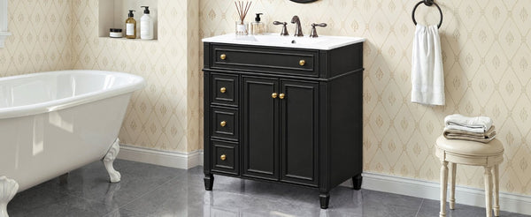 English Elm 30 Inch Freestanding Bathroom Vanity Solid Wood Cabinet Gold Knobs Ceramic Sink Black N725P527496B