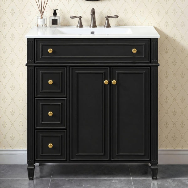 English Elm 30 Inch Freestanding Bathroom Vanity Solid Wood Cabinet Gold Knobs Ceramic Sink Black N725P527496B