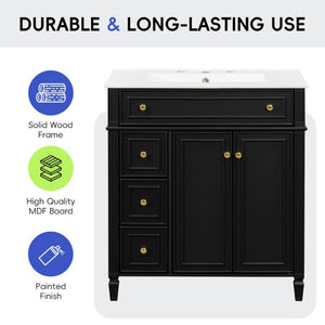 English Elm 30 Inch Freestanding Bathroom Vanity Solid Wood Cabinet Gold Knobs Ceramic Sink Black N725P527496B