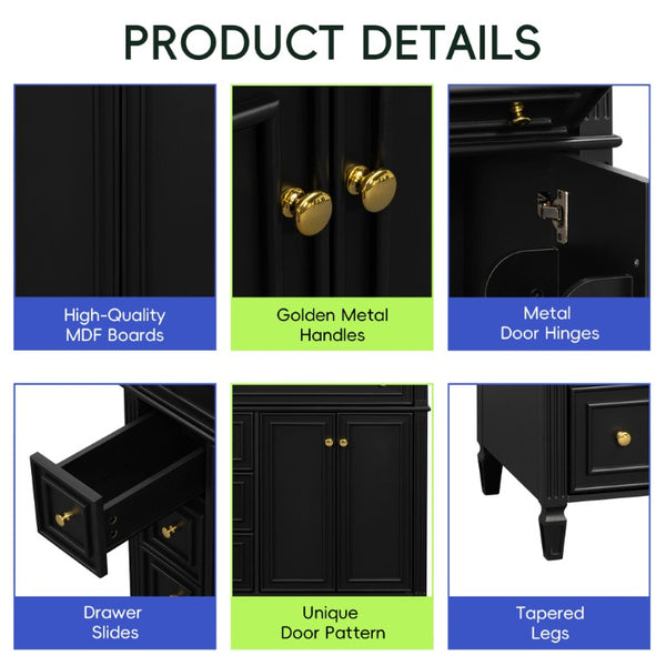 English Elm 30 Inch Freestanding Bathroom Vanity Solid Wood Cabinet Gold Knobs Ceramic Sink Black N725P527496B