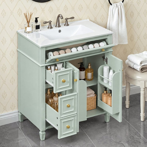 English Elm 30 Inch Freestanding Bathroom Vanity Solid Wood Cabinet Gold Knobs Ceramic Sink Green N725P527496G