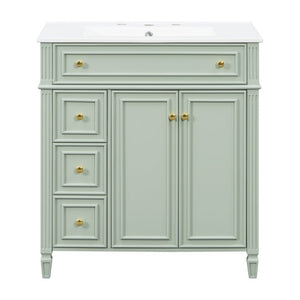 English Elm 30 Inch Freestanding Bathroom Vanity Solid Wood Cabinet Gold Knobs Ceramic Sink Green N725P527496G