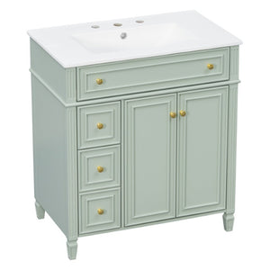 English Elm 30 Inch Freestanding Bathroom Vanity Solid Wood Cabinet Gold Knobs Ceramic Sink Green N725P527496G