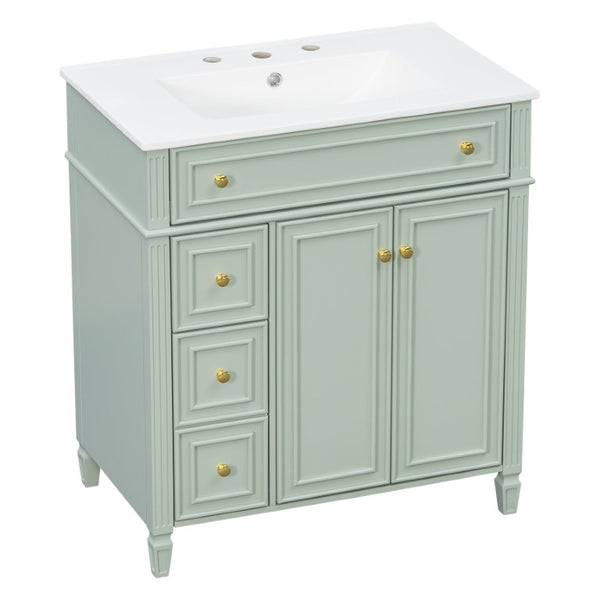 English Elm 30 Inch Freestanding Bathroom Vanity Solid Wood Cabinet Gold Knobs Ceramic Sink Green N725P527496G