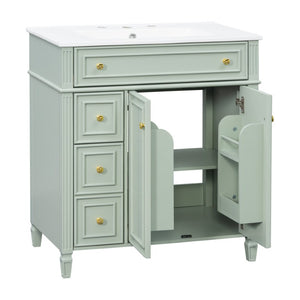 English Elm 30 Inch Freestanding Bathroom Vanity Solid Wood Cabinet Gold Knobs Ceramic Sink Green N725P527496G