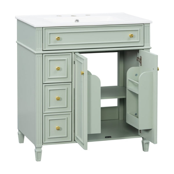 English Elm 30 Inch Freestanding Bathroom Vanity Solid Wood Cabinet Gold Knobs Ceramic Sink Green N725P527496G