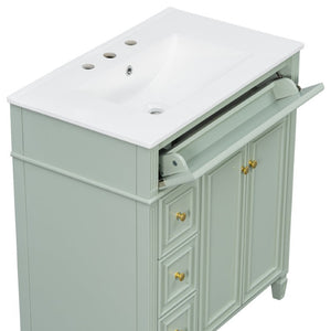 English Elm 30 Inch Freestanding Bathroom Vanity Solid Wood Cabinet Gold Knobs Ceramic Sink Green N725P527496G