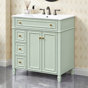 English Elm 30 Inch Freestanding Bathroom Vanity Solid Wood Cabinet Gold Knobs Ceramic Sink Green N725P527496G