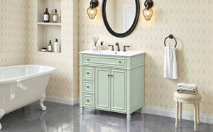 English Elm 30 Inch Freestanding Bathroom Vanity Solid Wood Cabinet Gold Knobs Ceramic Sink Green N725P527496G