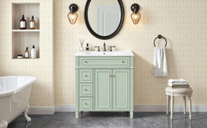 English Elm 30 Inch Freestanding Bathroom Vanity Solid Wood Cabinet Gold Knobs Ceramic Sink Green N725P527496G