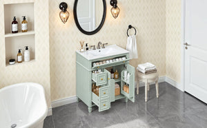 English Elm 30 Inch Freestanding Bathroom Vanity Solid Wood Cabinet Gold Knobs Ceramic Sink Green N725P527496G
