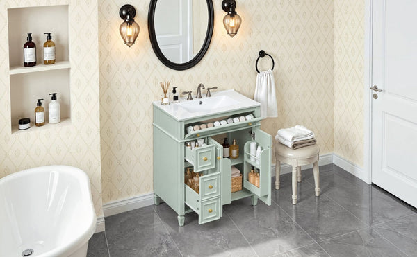 English Elm 30 Inch Freestanding Bathroom Vanity Solid Wood Cabinet Gold Knobs Ceramic Sink Green N725P527496G