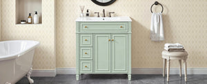 English Elm 30 Inch Freestanding Bathroom Vanity Solid Wood Cabinet Gold Knobs Ceramic Sink Green N725P527496G