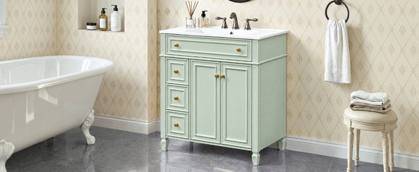 English Elm 30 Inch Freestanding Bathroom Vanity Solid Wood Cabinet Gold Knobs Ceramic Sink Green N725P527496G