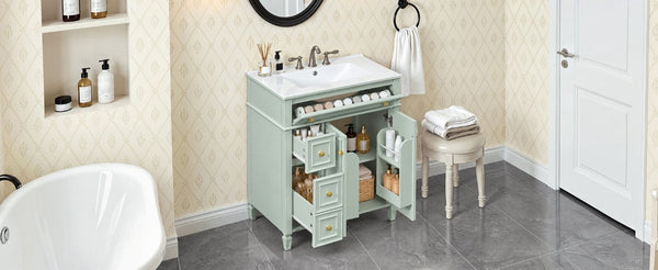 English Elm 30 Inch Freestanding Bathroom Vanity Solid Wood Cabinet Gold Knobs Ceramic Sink Green N725P527496G