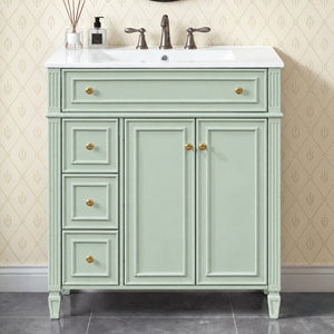 English Elm 30 Inch Freestanding Bathroom Vanity Solid Wood Cabinet Gold Knobs Ceramic Sink Green N725P527496G
