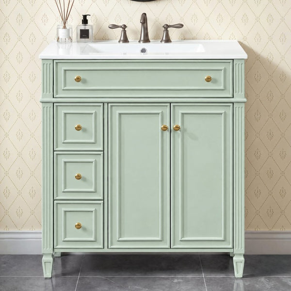 English Elm 30 Inch Freestanding Bathroom Vanity Solid Wood Cabinet Gold Knobs Ceramic Sink Green N725P527496G