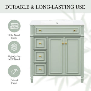 English Elm 30 Inch Freestanding Bathroom Vanity Solid Wood Cabinet Gold Knobs Ceramic Sink Green N725P527496G