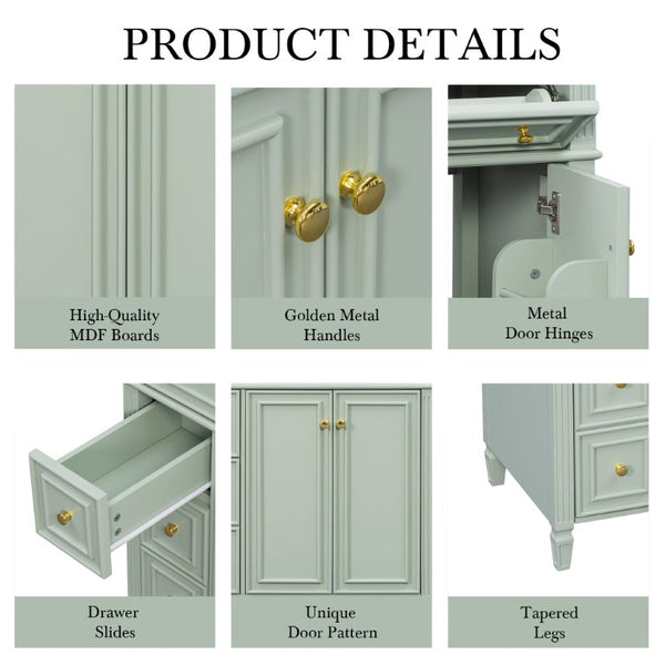 English Elm 30 Inch Freestanding Bathroom Vanity Solid Wood Cabinet Gold Knobs Ceramic Sink Green N725P527496G