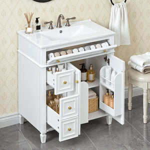 English Elm 30 Inch Freestanding Bathroom Vanity Solid Wood Cabinet Gold Knobs Ceramic Sink White N725P527496K