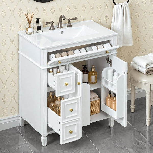 English Elm 30 Inch Freestanding Bathroom Vanity Solid Wood Cabinet Gold Knobs Ceramic Sink White N725P527496K