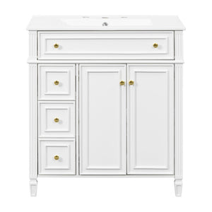 English Elm 30 Inch Freestanding Bathroom Vanity Solid Wood Cabinet Gold Knobs Ceramic Sink White N725P527496K