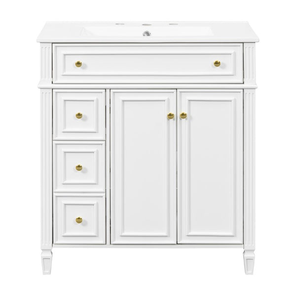 English Elm 30 Inch Freestanding Bathroom Vanity Solid Wood Cabinet Gold Knobs Ceramic Sink White N725P527496K
