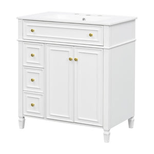 English Elm 30 Inch Freestanding Bathroom Vanity Solid Wood Cabinet Gold Knobs Ceramic Sink White N725P527496K