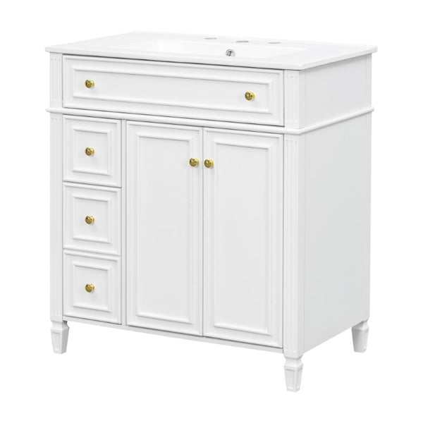 English Elm 30 Inch Freestanding Bathroom Vanity Solid Wood Cabinet Gold Knobs Ceramic Sink White N725P527496K