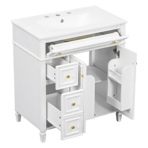 English Elm 30 Inch Freestanding Bathroom Vanity Solid Wood Cabinet Gold Knobs Ceramic Sink White N725P527496K