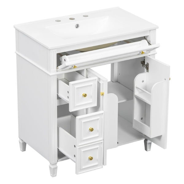 English Elm 30 Inch Freestanding Bathroom Vanity Solid Wood Cabinet Gold Knobs Ceramic Sink White N725P527496K