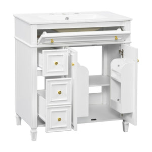 English Elm 30 Inch Freestanding Bathroom Vanity Solid Wood Cabinet Gold Knobs Ceramic Sink White N725P527496K